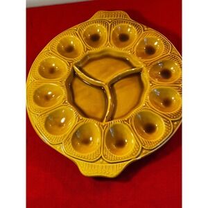 Vintage USA Pottery 3737 Deviled Egg Platter Mustard Yellow Ceramic Serving Tray